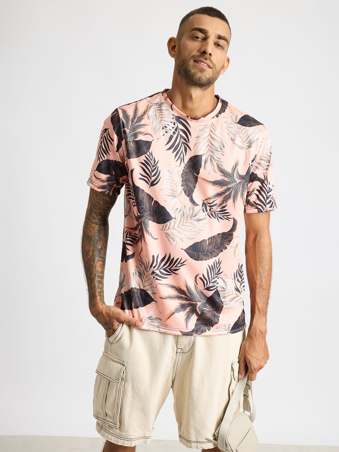 

FREAKINS Floral Printed Round Neck T-shirt, Peach