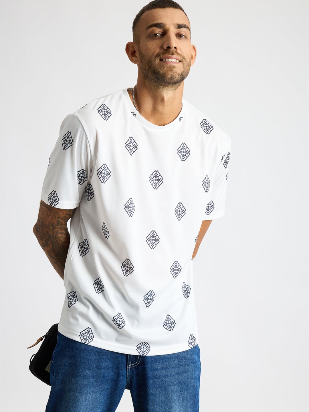 

FREAKINS Ethnic Motifs Printed Round Neck Casual T-shirt, White