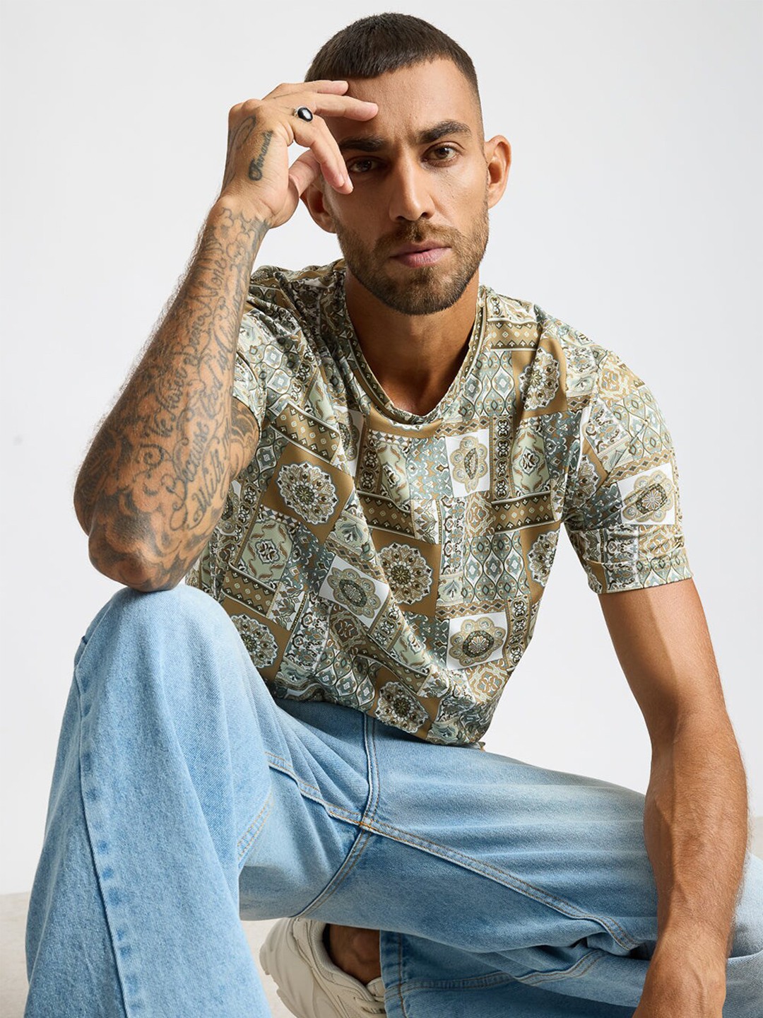 

FREAKINS Tribal Printed Round Neck T-shirt, Beige