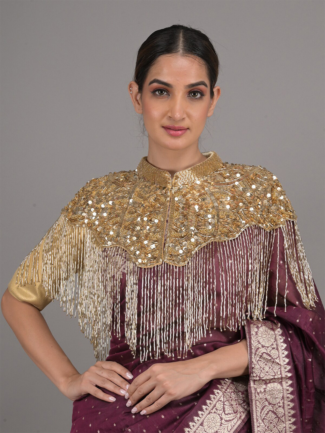 

ODETTE Embellished Self Design Crop Tassels Button Shrug, Gold