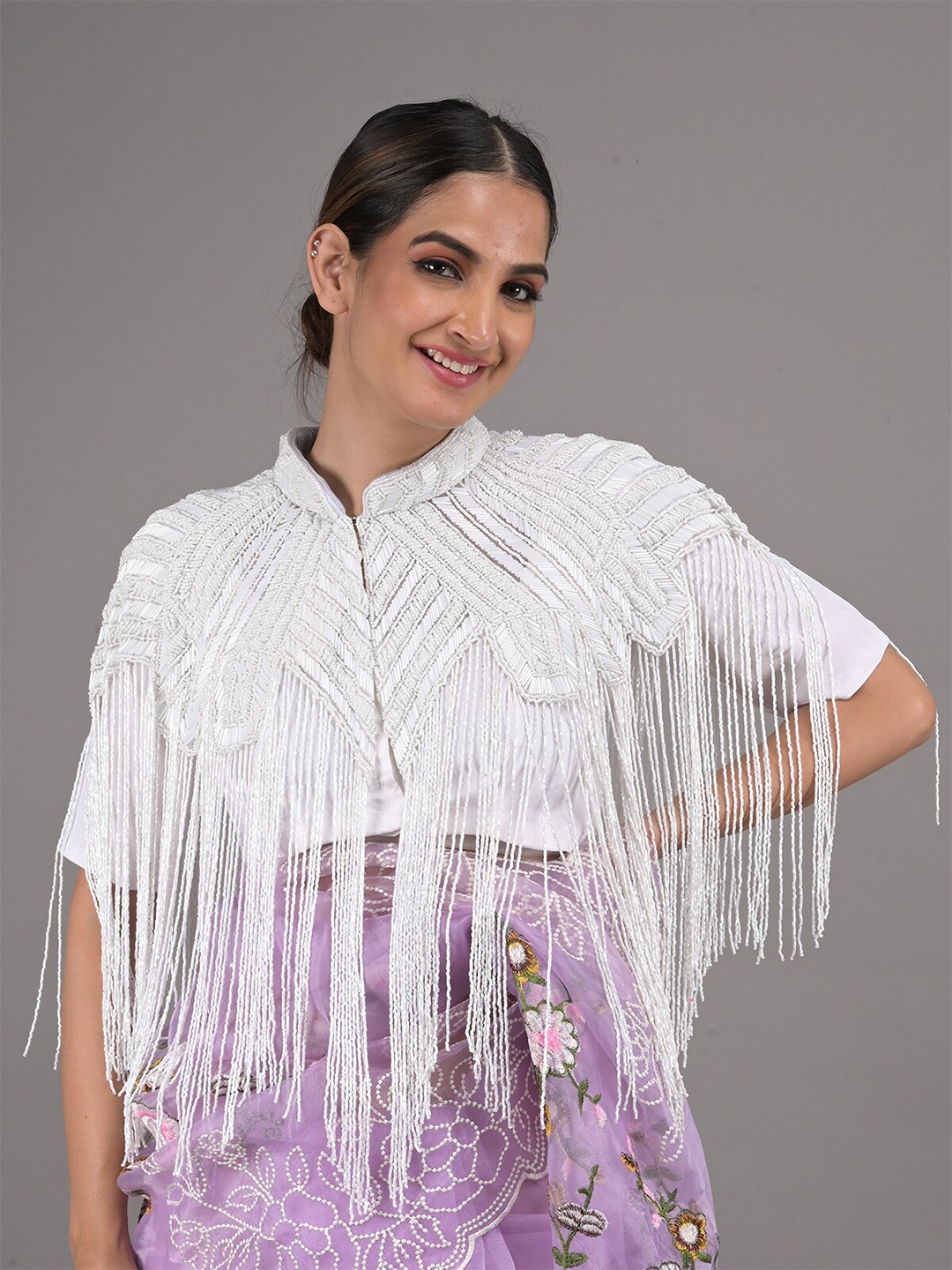 

ODETTE Embellished Self Design Crop Tassels Button Shrug, White