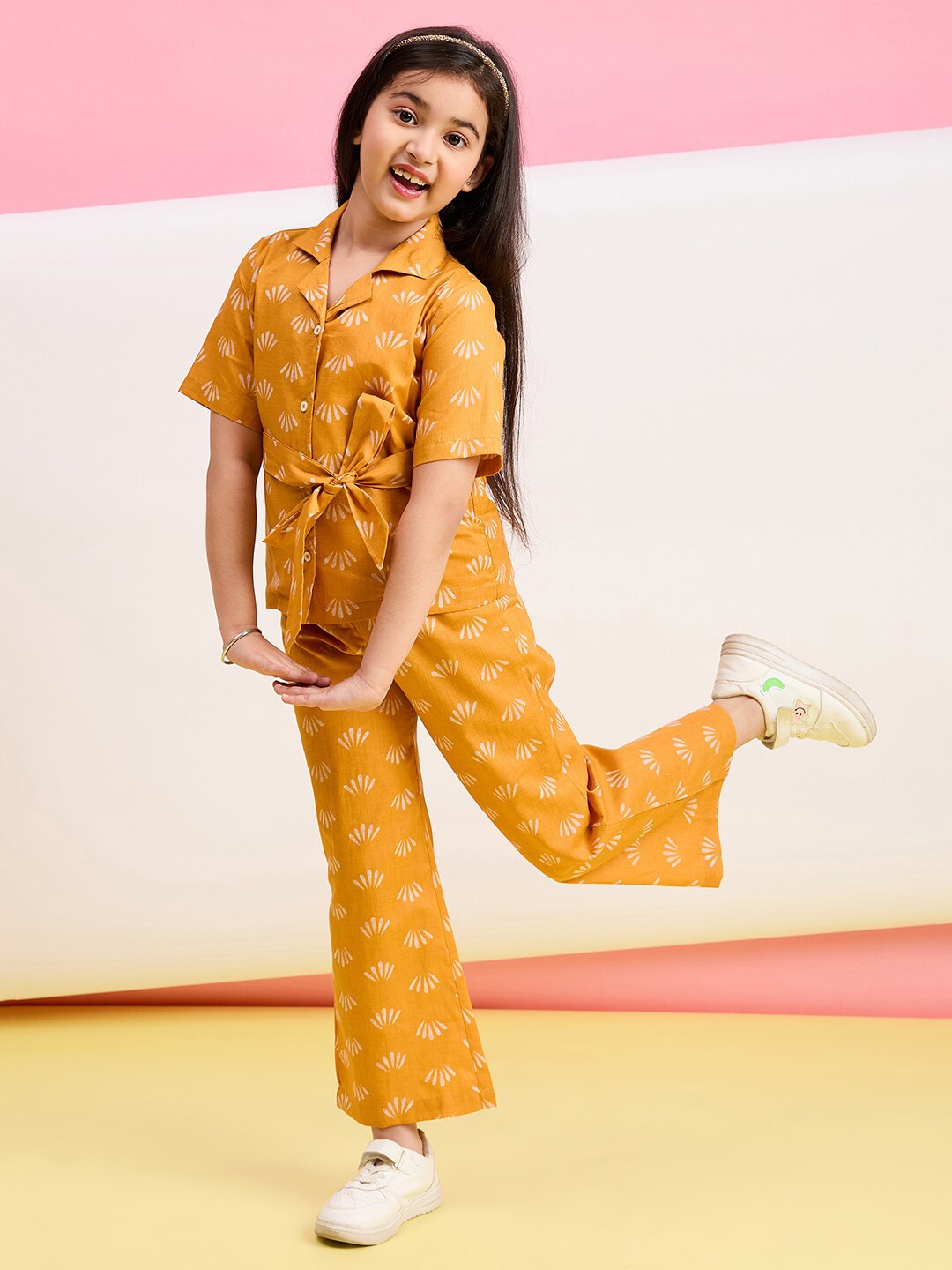 

Stylo Bug Girls Printed Shirt Collar Pure Cotton Shirt with Trousers, Mustard