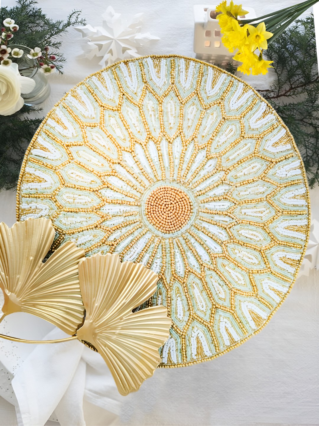 

Good Vibes White & Gold Toned Geometric Embroidered Beaded Round Table Placement