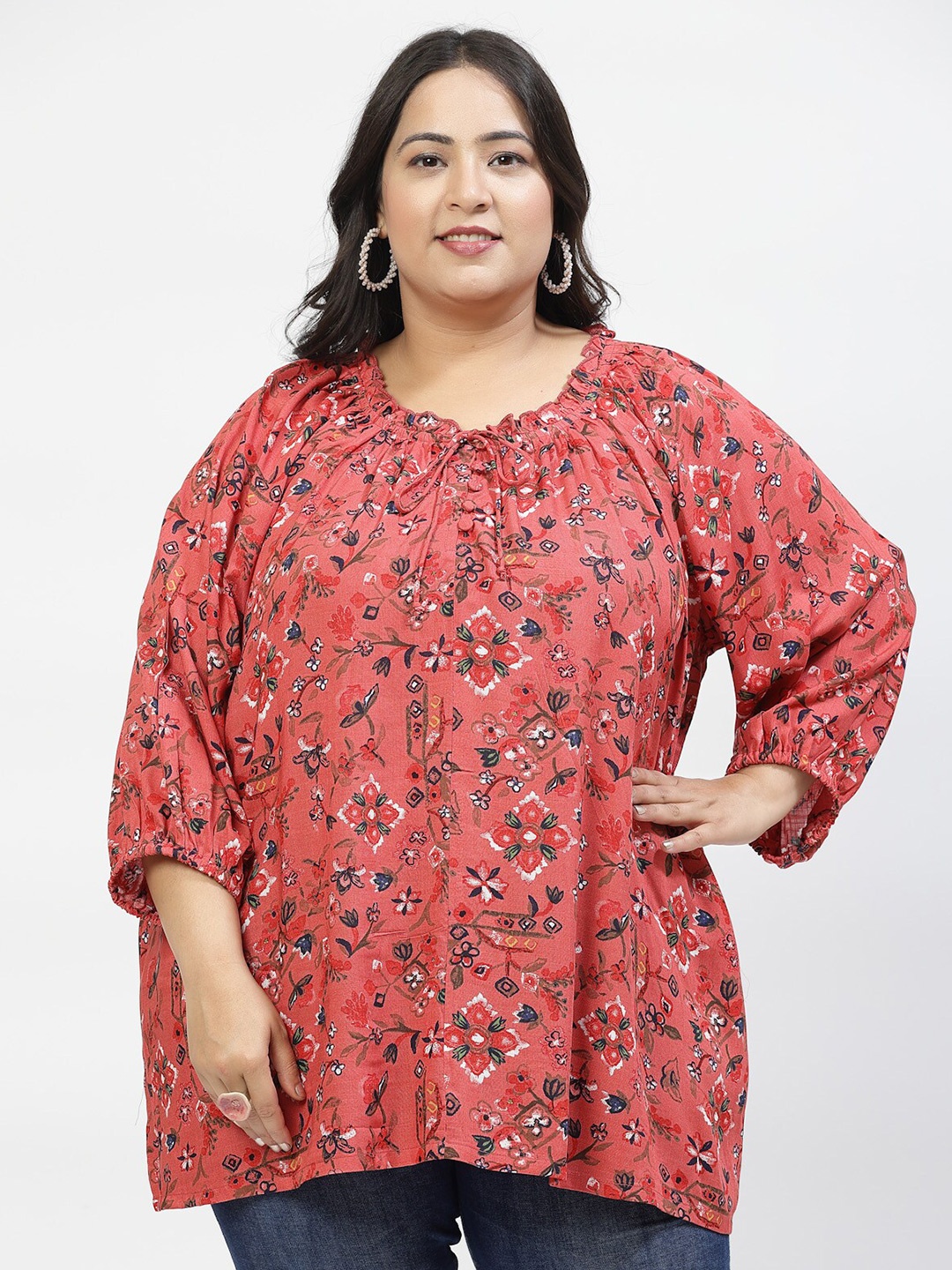 

plusS Plus Size Floral Print Tie-Up Neck Top, Pink
