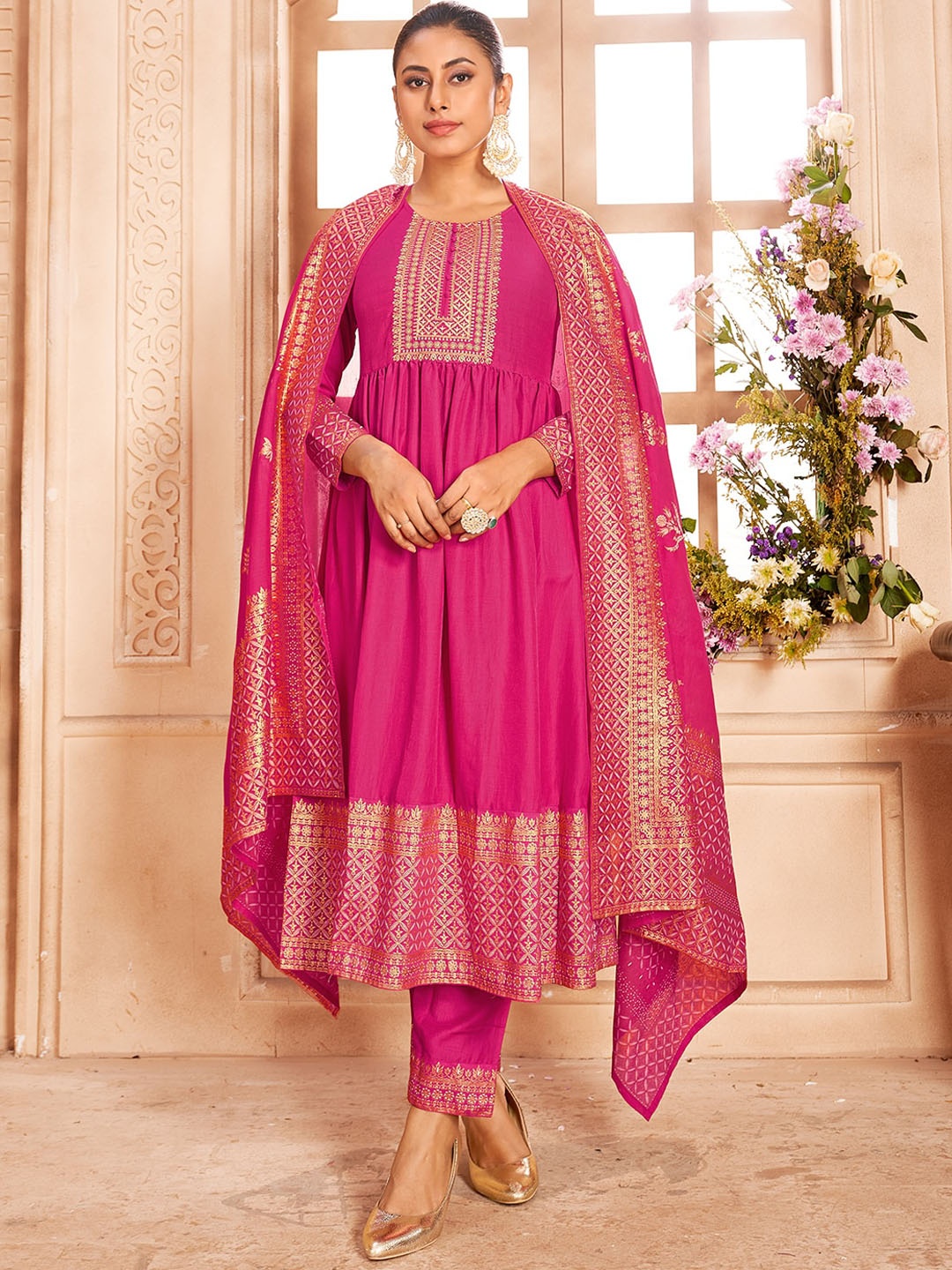 

Ishin Ethnic Motifs Embroidered Empire Pure Silk Kurta with Trouser & Dupatta, Fuchsia
