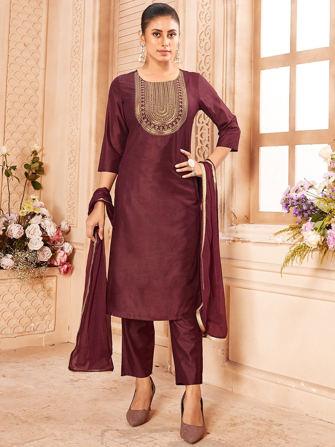 

Ishin Ethnic Motifs Embroidered Regular Kurta with Trouser & Dupatta, Maroon