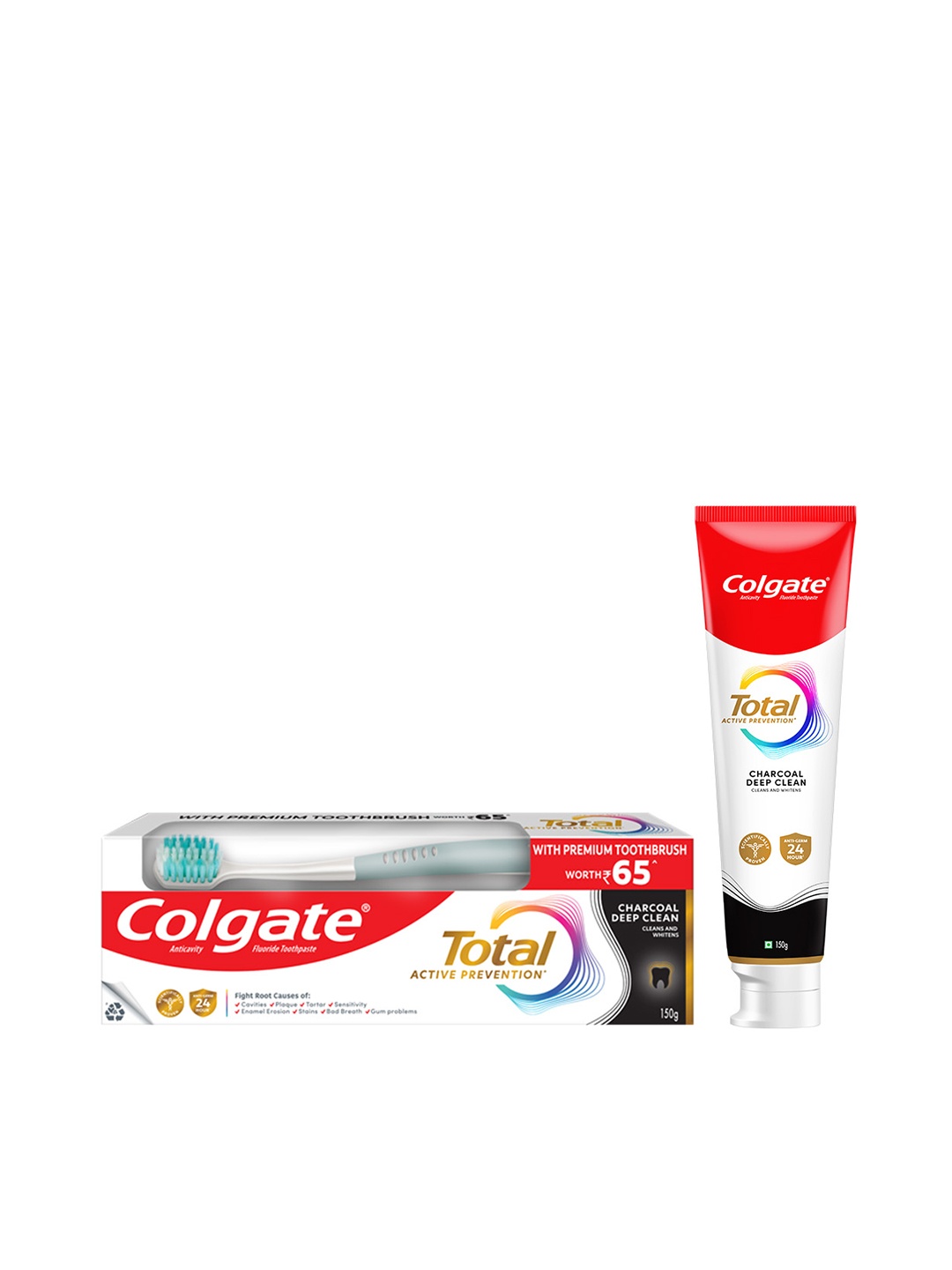 

Colgate Total Charcoal Deep Clean Antibacterial Toothpaste With Premium Toothbrush - 150g, Black