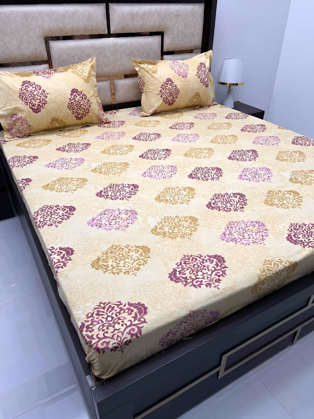 

Pure Decor Beige & Purple Ethnic Motifs Cotton 400 TC King Bedsheet With 2 Pillow Covers, Gold