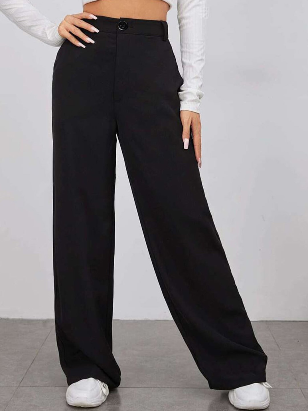 

FORKEY Women Relaxed Straight Leg High-Rise Trousers, Black