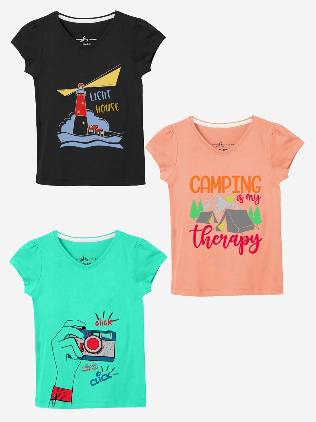 

BAESD Girls Pack Of 3 Graphic Printed T-shirts, Black