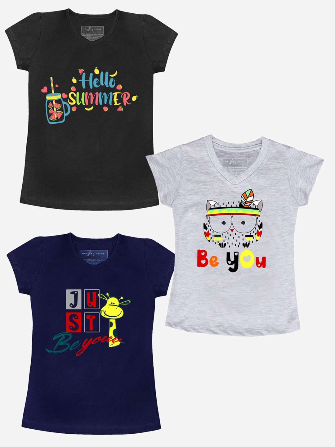 

BAESD Girls Pack Of 3 Typography Printed Cotton T-shirts, Black