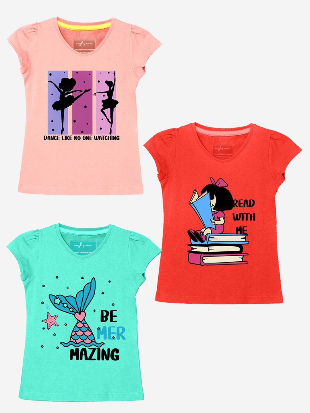 

BAESD Girls Pack Of 3 Graphic Printed T-shirts, Peach