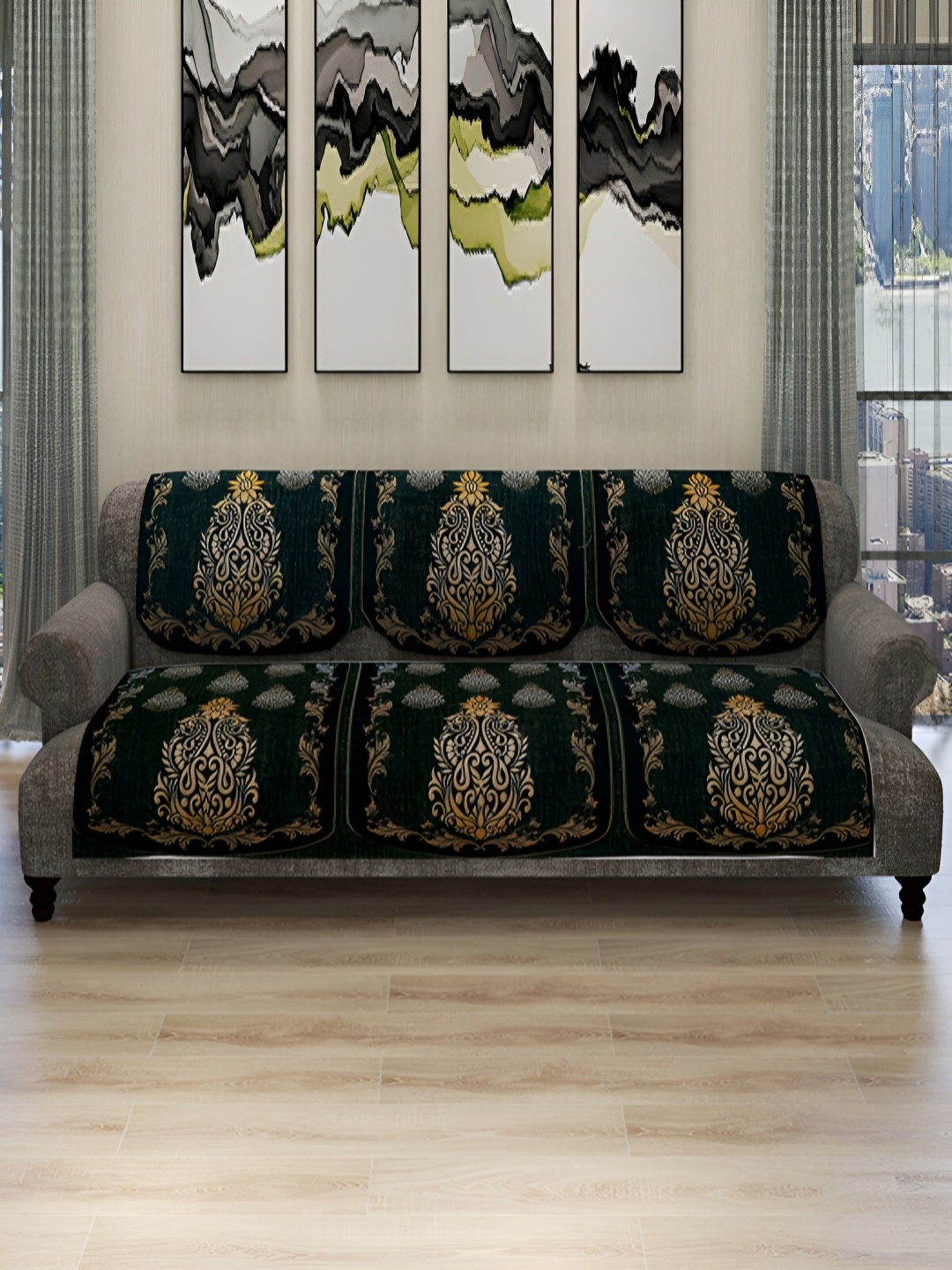 

ROMEE Green & Gold-Toned 6 Pieces Printed Velvet Damask Design 5-Seater Sofa Covers