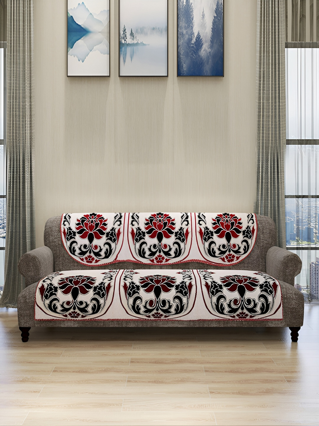 

ROMEE Cream & Maroon Damask Design 5-Seater Sofa Covers