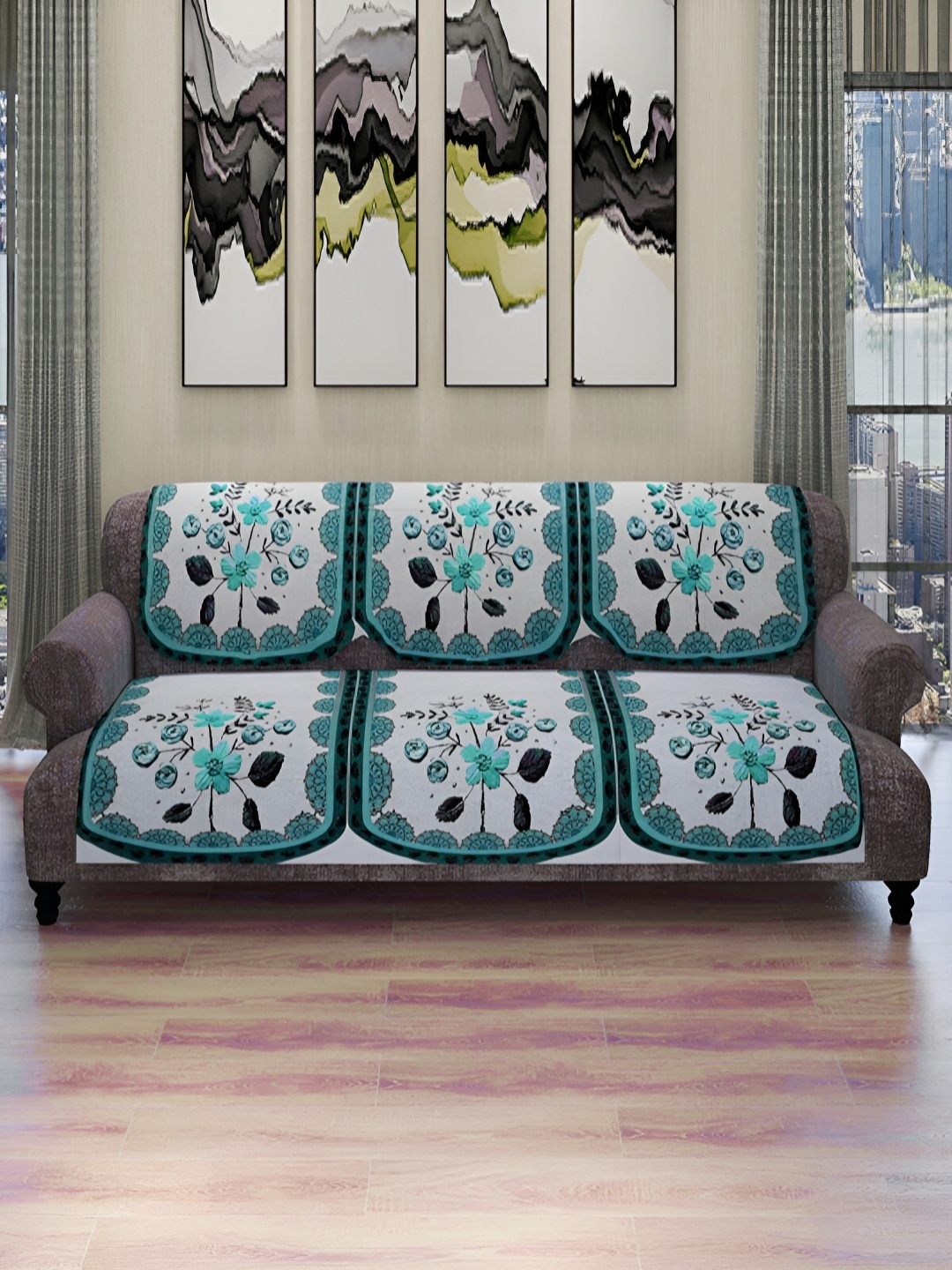 

ROMEE Silver-Toned & Blue 6 Pieces Printed Velvet Floral Design 5-Seater Sofa Covers