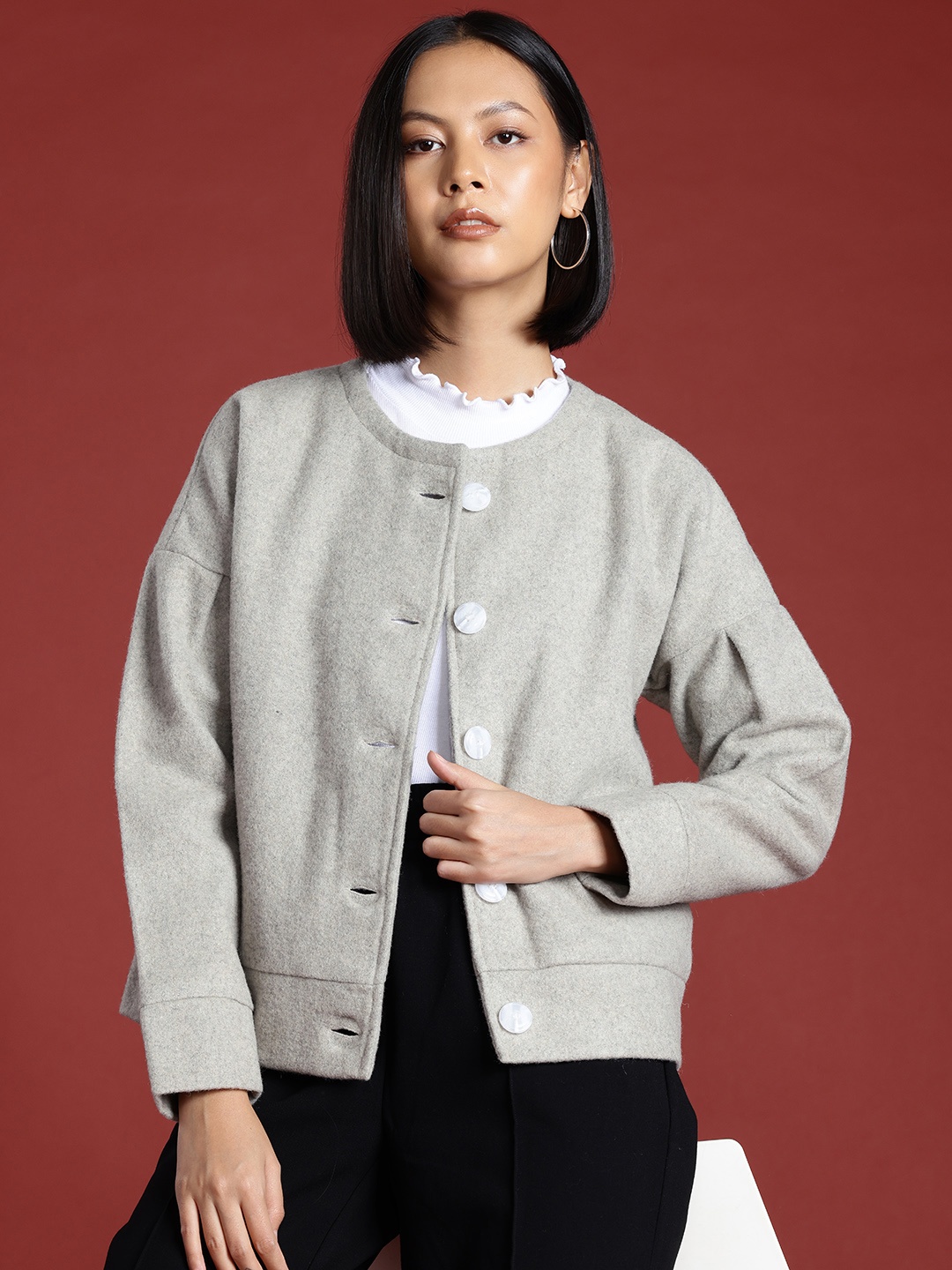 

all about you Drop-Shoulder Sleeve Tailored Jacket, Grey