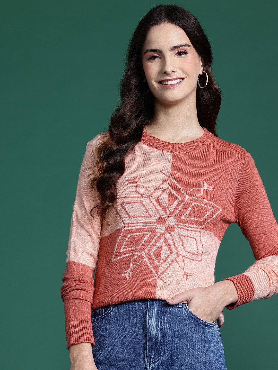 

DressBerry Acrylic Self-Design Colourblocked Pullover, Peach