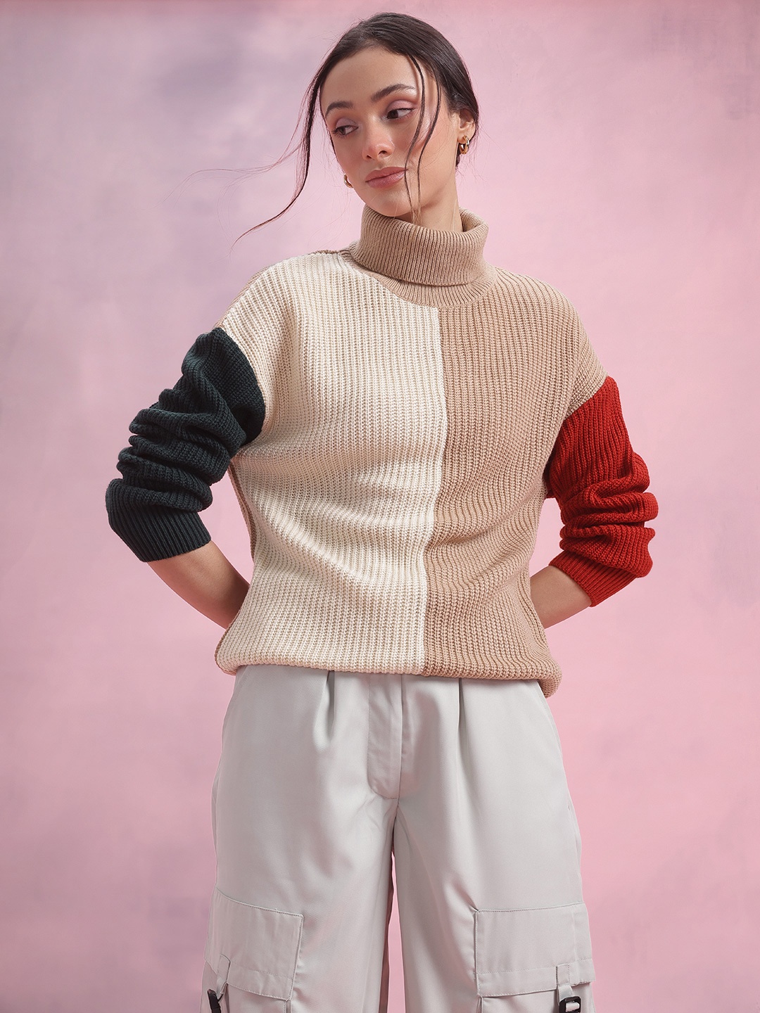 

DressBerry Colourblocked Turtle Neck Colourblocked Pullover, Multi