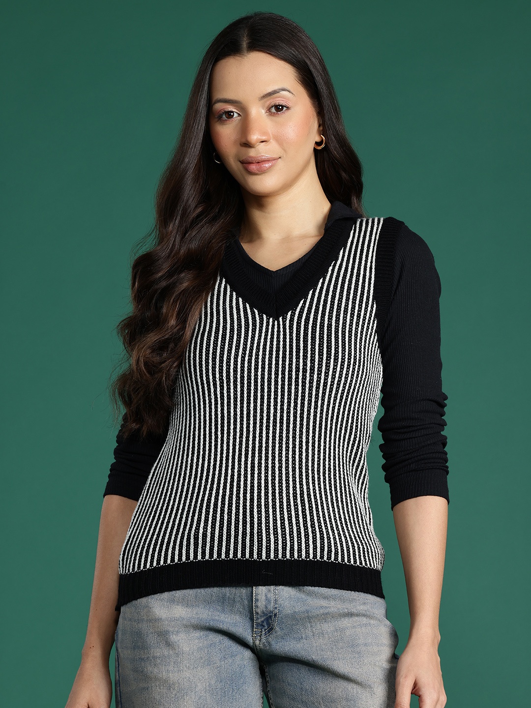 

DressBerry Striped Sweater Vest, Black