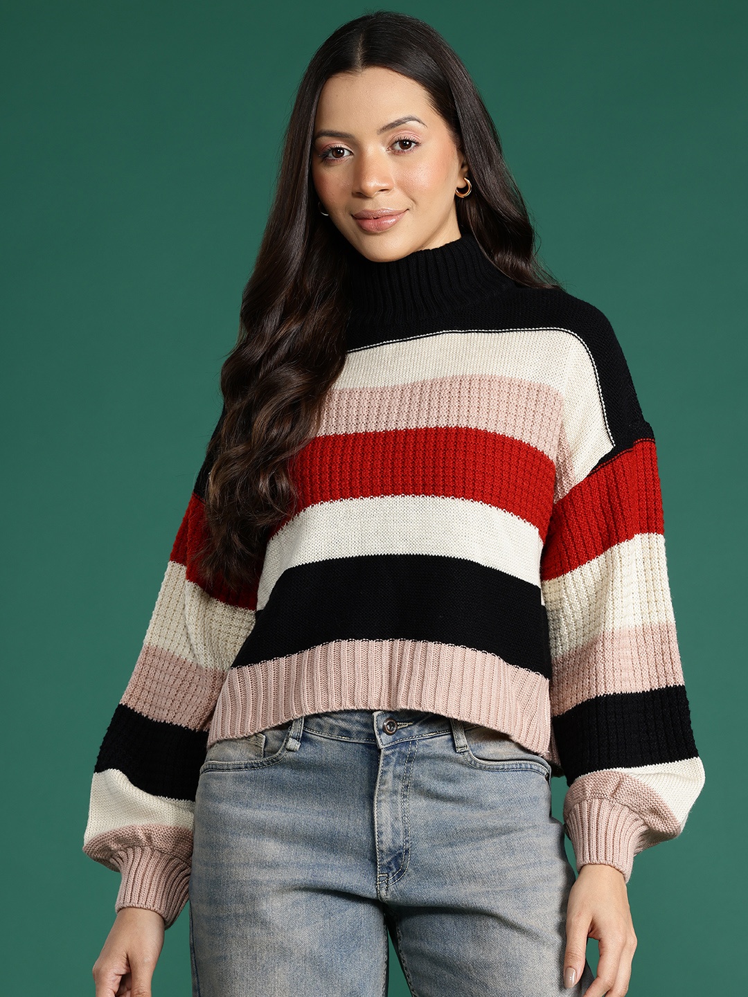 

DressBerry Turtle Neck Striped Pullover, Multi