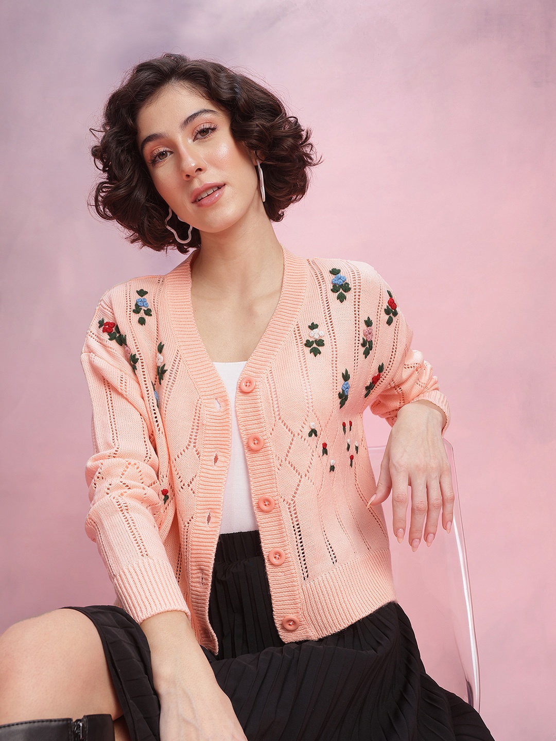 

DressBerry Floral Embroidered Open knit Design Acrylic Cardigan, Peach