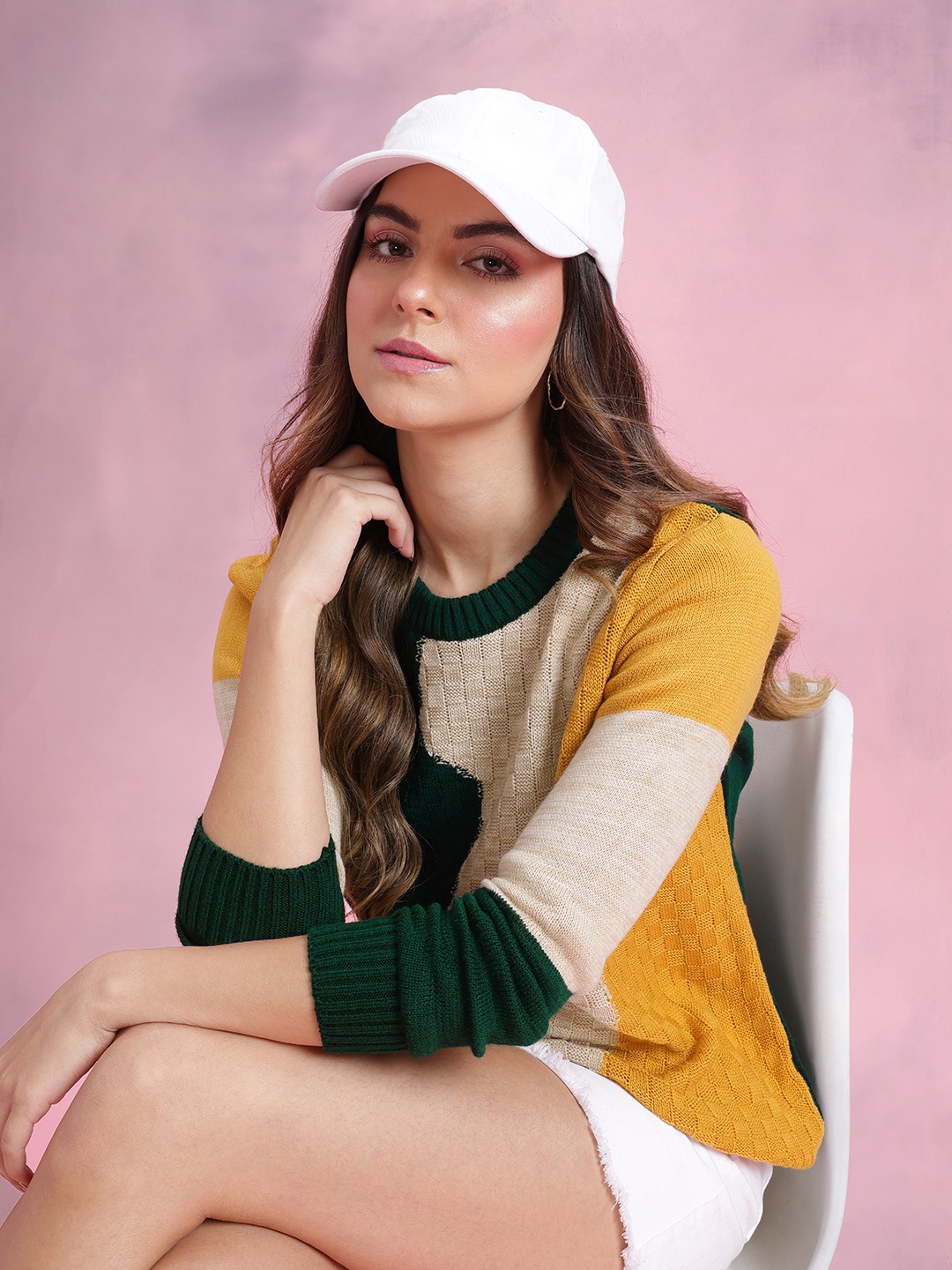 

DressBerry Colourblocked Knitted Pure Acrylic Pullover, Green