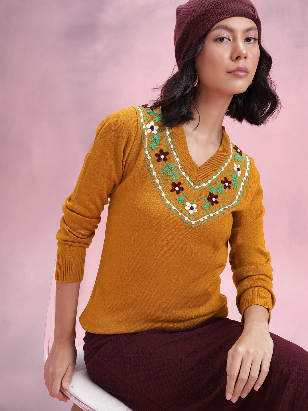 

DressBerry Floral Embroidered Acrylic Pullover, Mustard