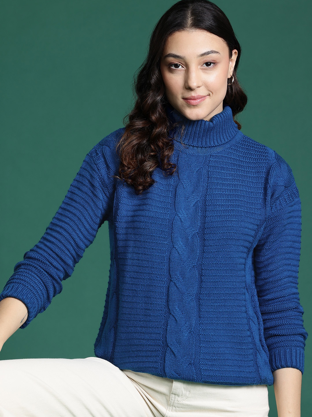 

DressBerry Cable Knit Turtle Neck Pullover, Blue