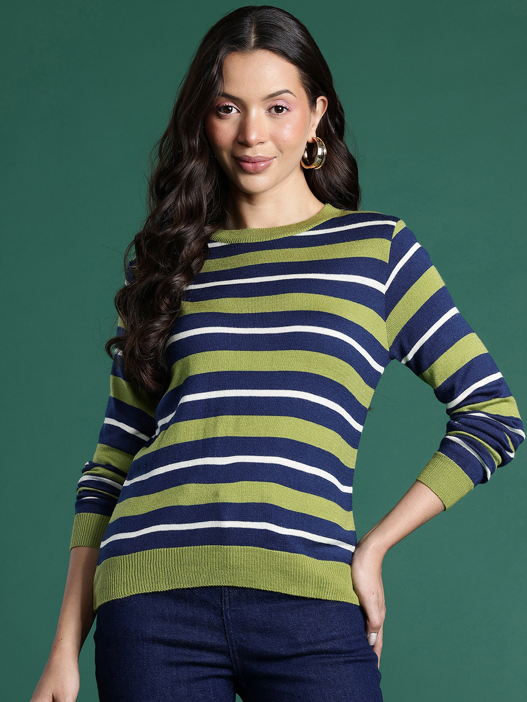 

DressBerry Pure Acrylic Striped Pullover, Green