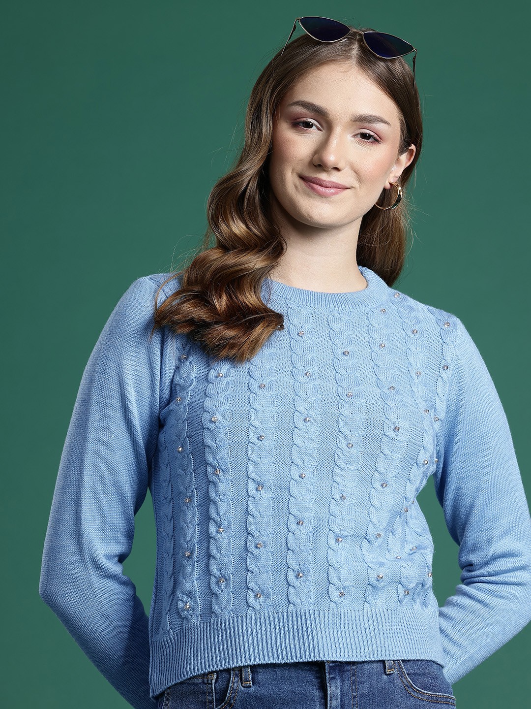

DressBerry Cable Knit With Embellished Detail Pullover Sweaters, Blue