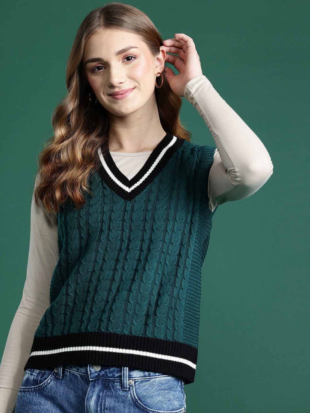 

DressBerry Cable-Knit Contrast Tipped Vest, Green