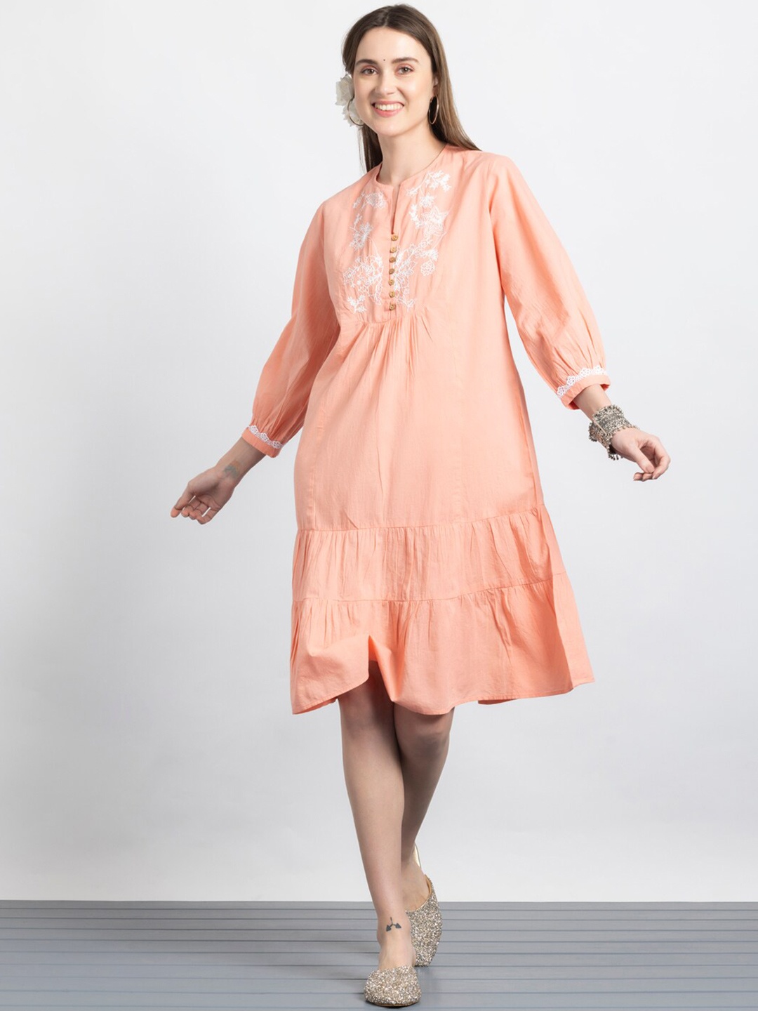 

SHAYE Tie-Up Neck Puff Sleeve A-Line Dress, Peach