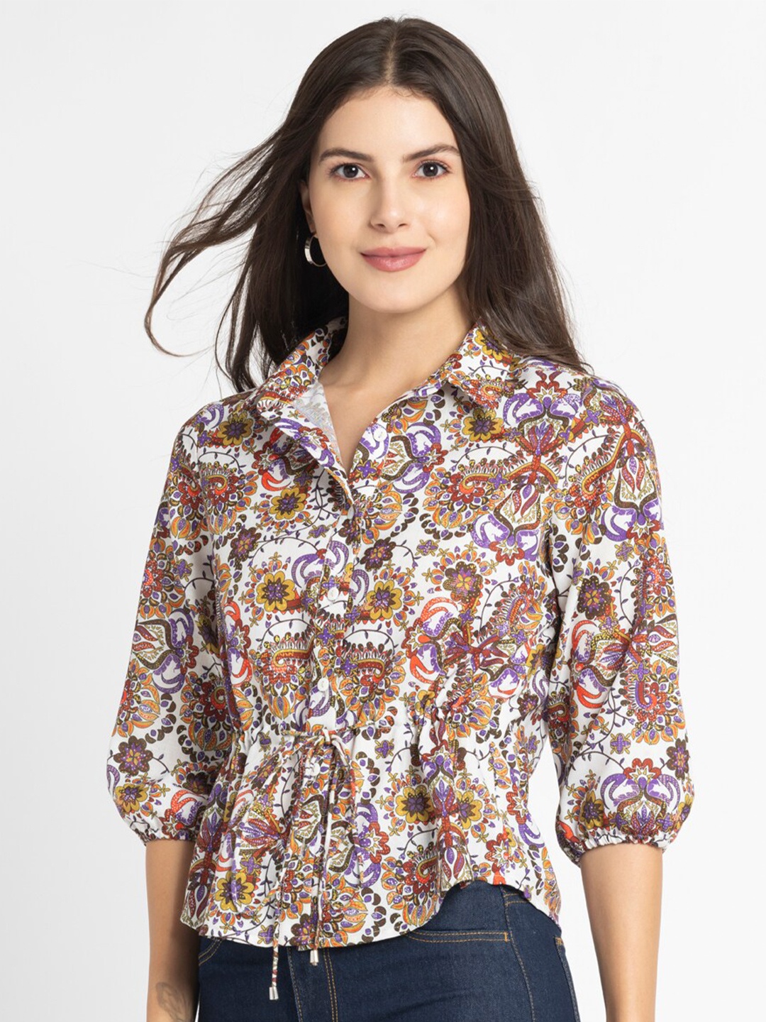 

SHAYE Floral Printed Puff Sleeves Shirt Style Top, White