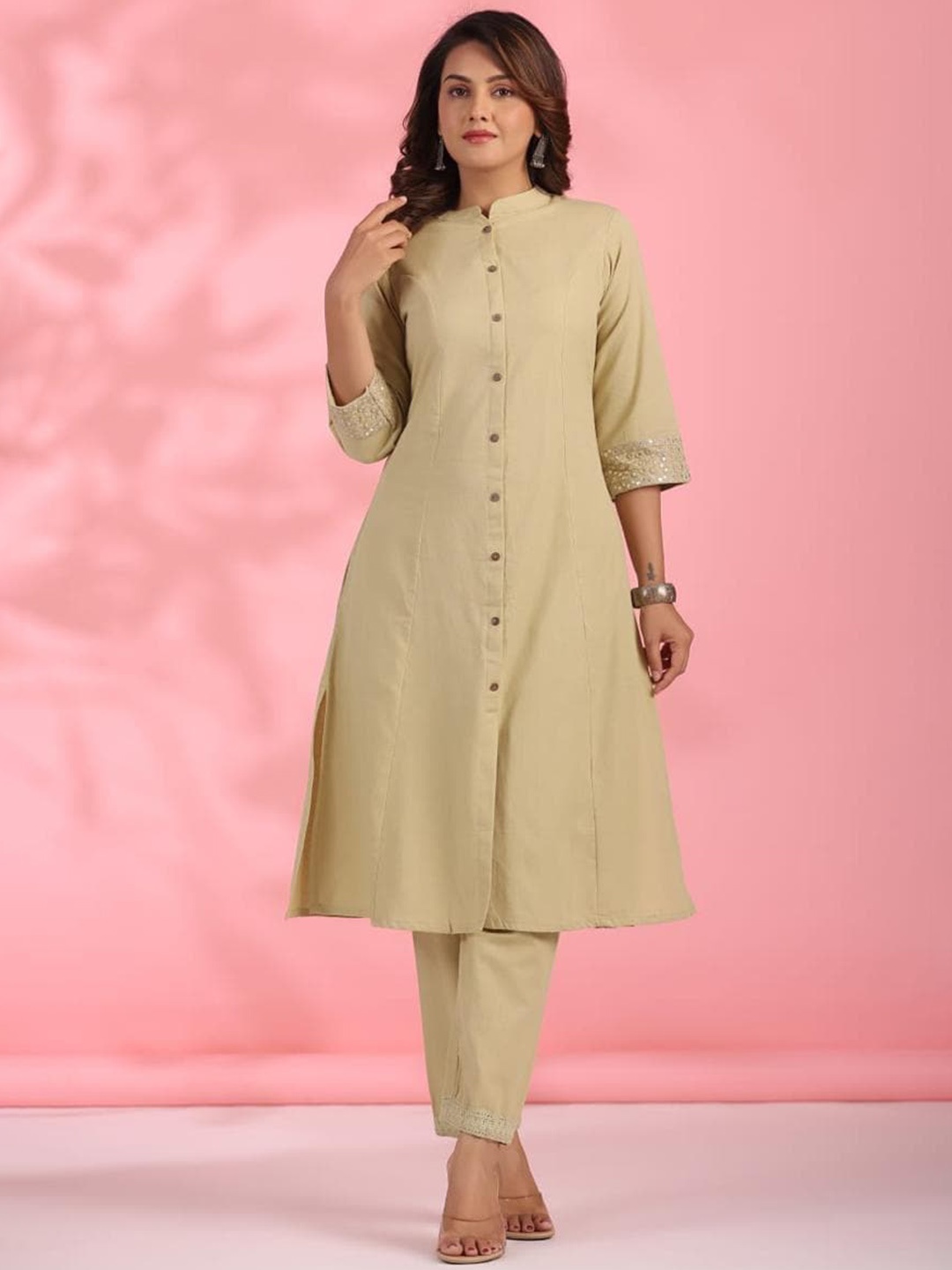 INDYES Regular Mirror Work Pure Cotton Kurta with Trouser, Beige