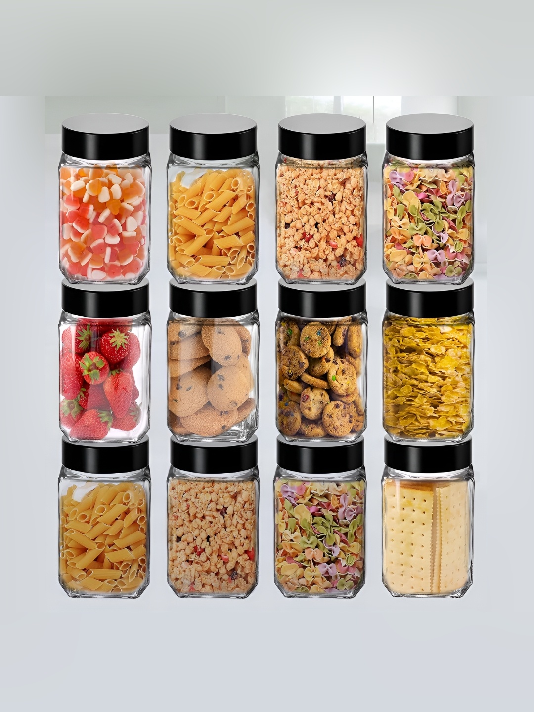 

tyche enterprises 12-Pcs Transparent Glass Containers with Lid 300ml Each