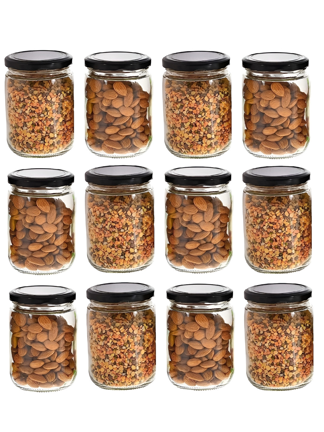 

tyche enterprises Transparent & Black 12 Pieces Glass Containers 500 ml Each