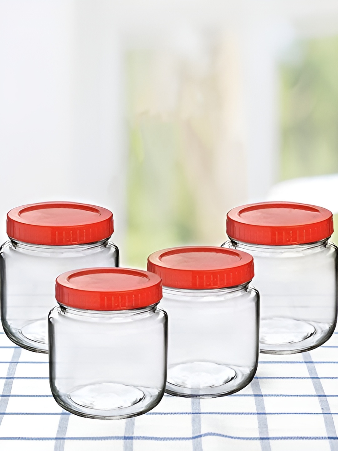

tyche enterprises Transparent & Red 4 Pieces Glass Containers 500 ml Each