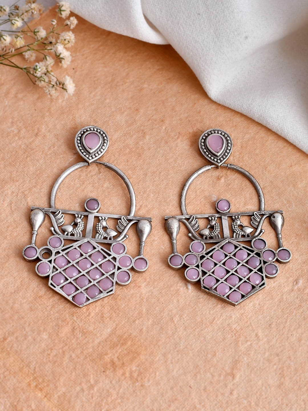 

DASTOOR Silver-Plated Stone-Studded Silver Contemporary Oxidised Drop Earrings