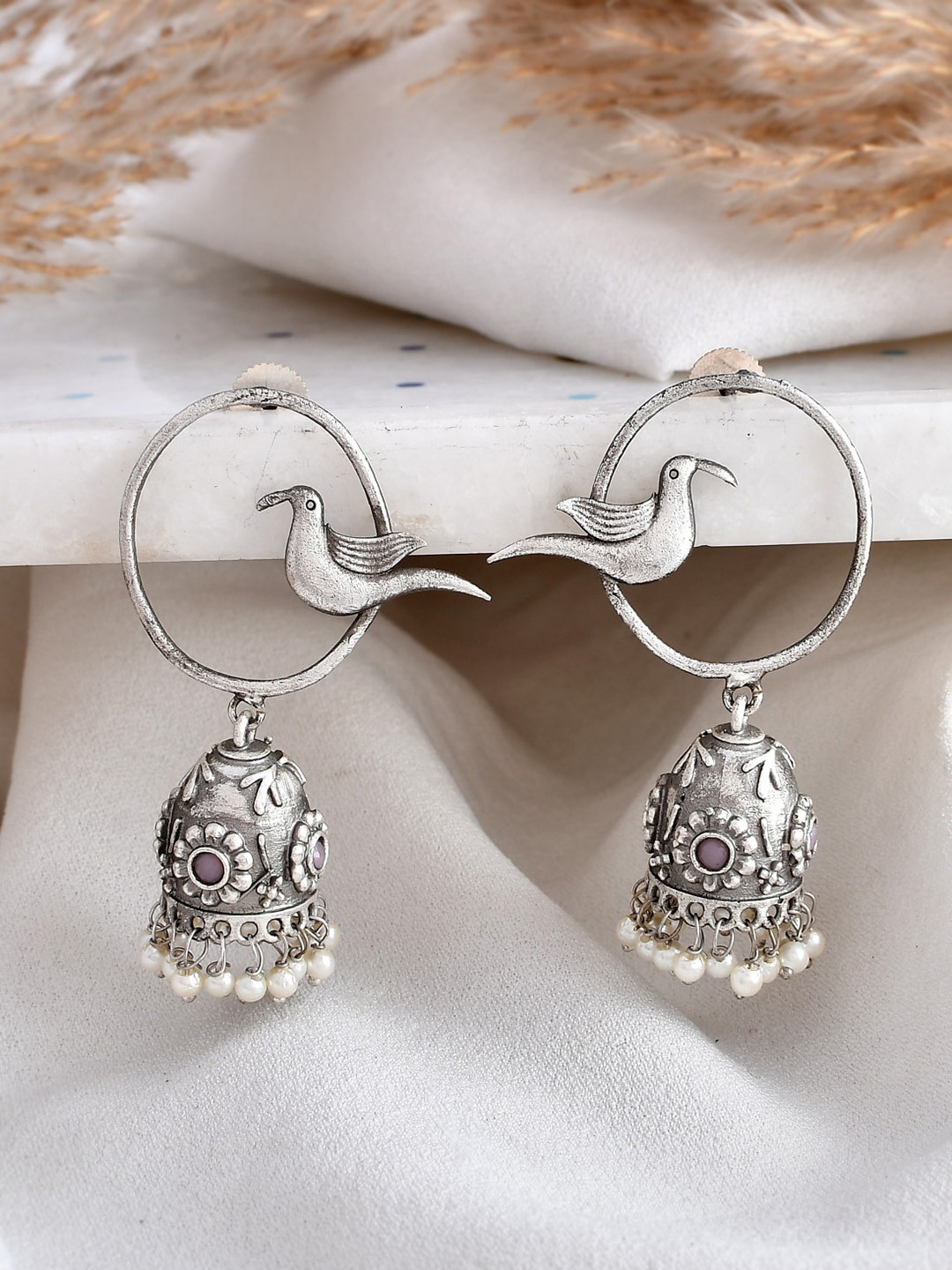 

DASTOOR Silver Bird Shaped Jhumkas Earrings