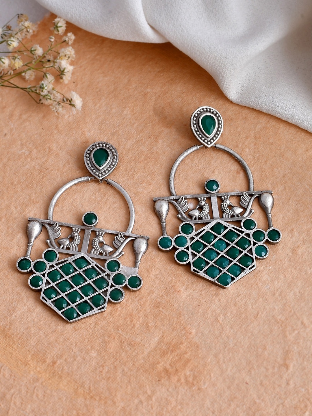 

DASTOOR Silver-Plated Stone-Studded Silver Contemporary Oxidised Drop Earrings