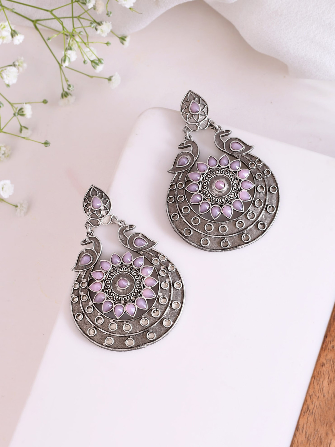 

DASTOOR Silver-Plated Stone-Studded Silver Contemporary Oxidised Drop Earrings