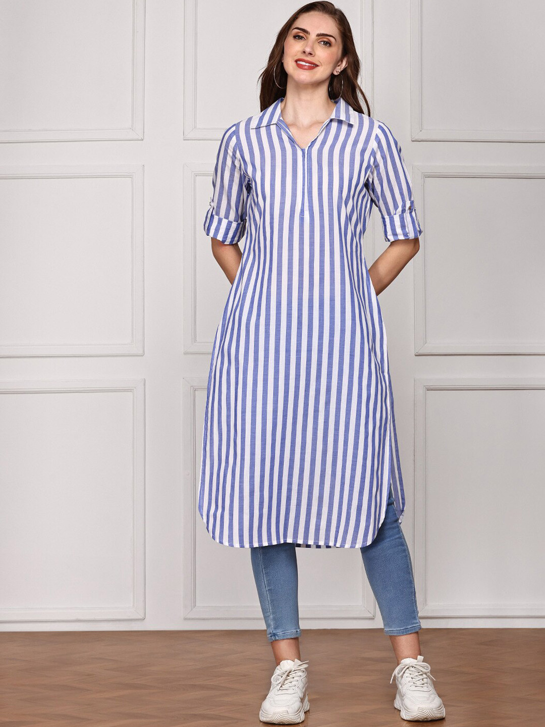 

Anubhutee Striped Shirt Collar Roll-Up Sleeves Straight Pure Cotton Kurta, Blue