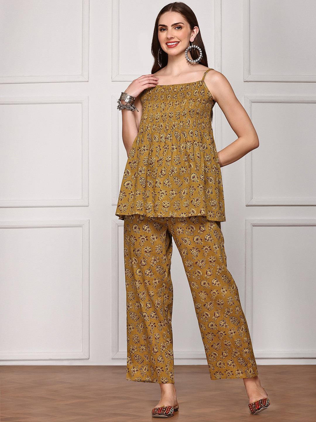 

Anubhutee Printed Shoulder Strap Pure Cotton Top With Palazzo, Mustard