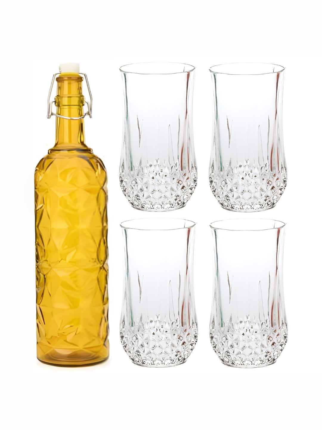 

1ST TIME Yellow & Transparent 5 Pcs Textured Glass Dishwasher Safe Water Bottle & Glasses