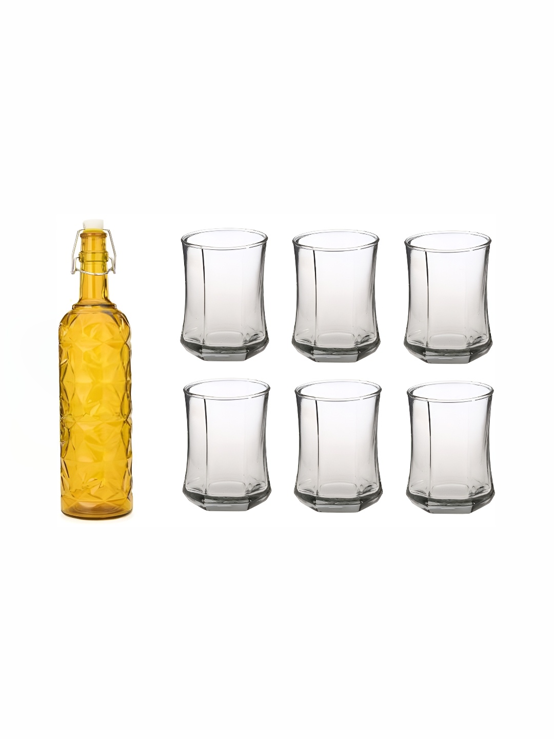 

1ST TIME Yellow & Transparent 7 Pcs Textured Glass Dishwasher Safe Water Bottle & Glasses