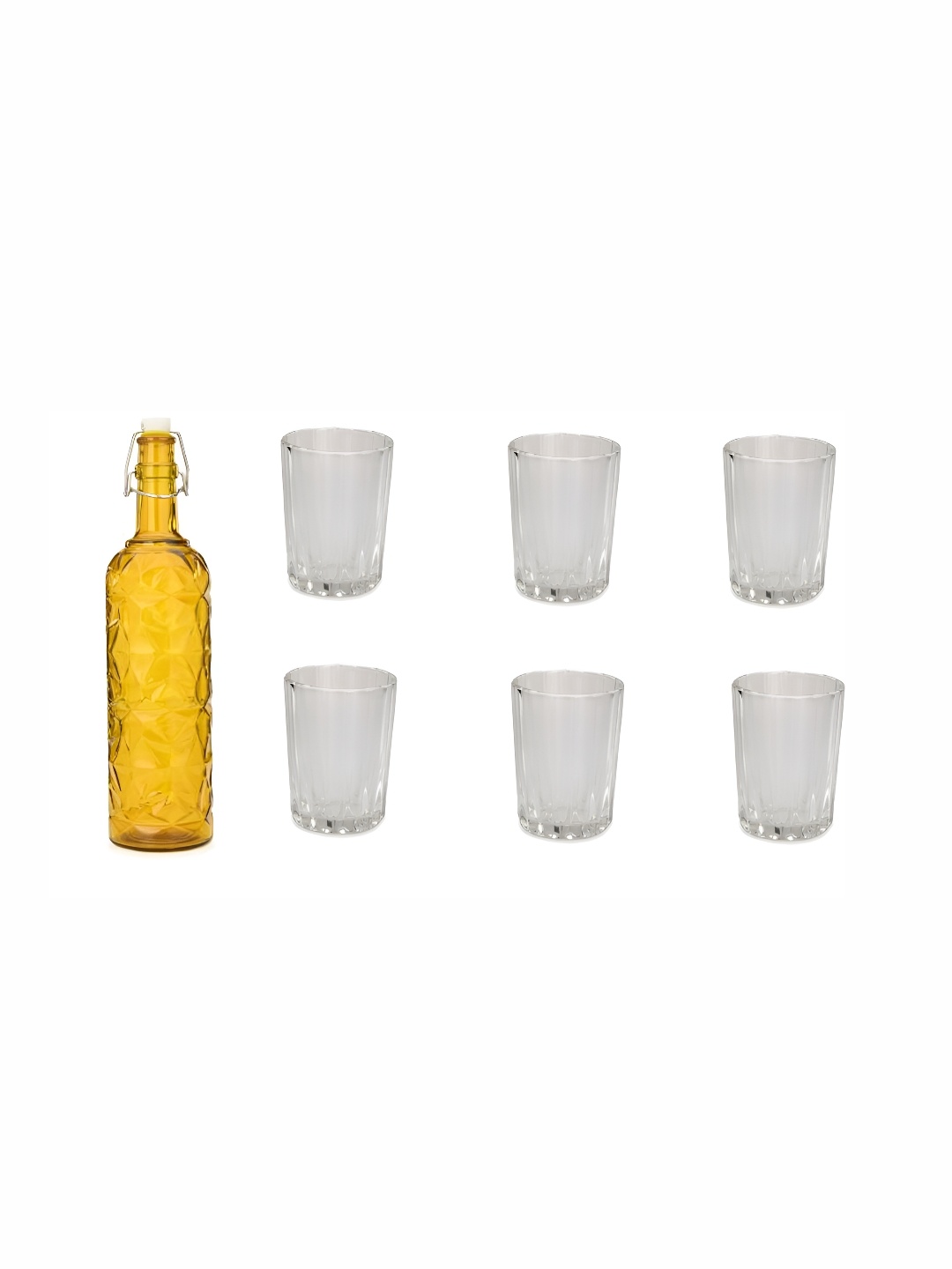 

1ST TIME Yellow & Transparent 7 Pcs Textured Glass Dishwasher Safe Water Bottle & Glasses