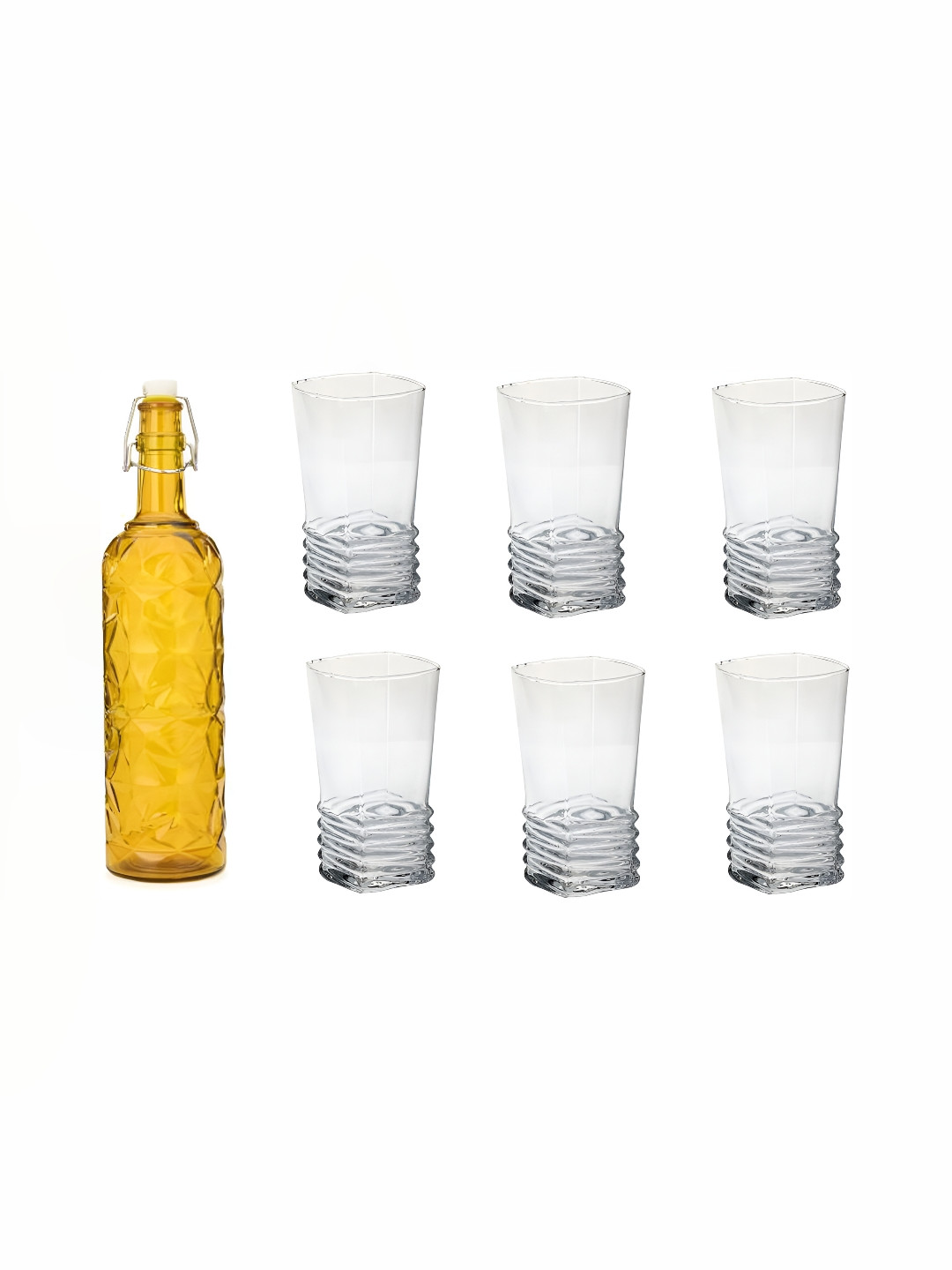 

1ST TIME Yellow & Transparent 7 Pcs Textured Glass Dishwasher Safe Water Bottle & Glasses