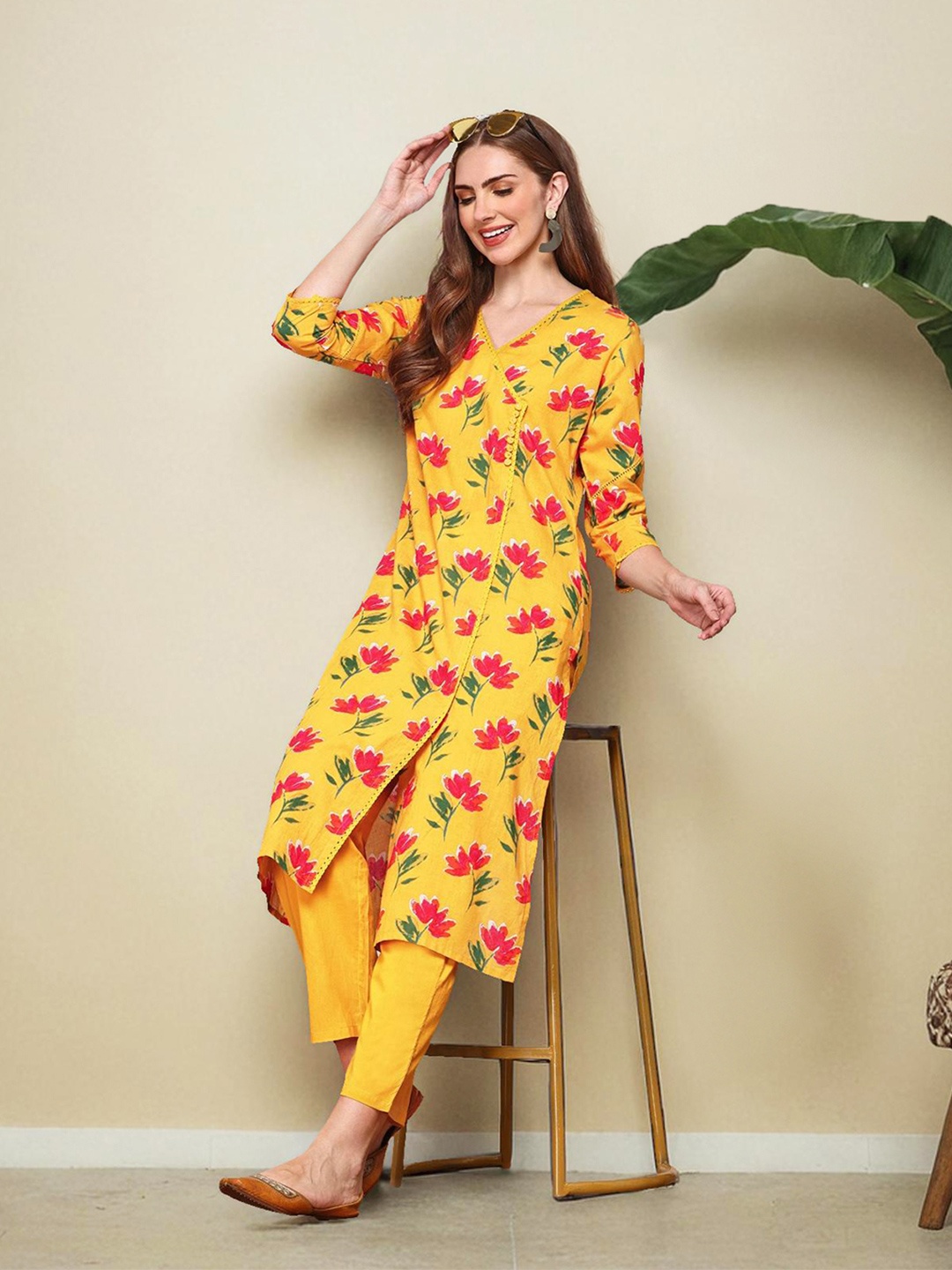 

Ishin Floral Printed Angrakha Gotta Patti Pure Cotton Kurta with Trouser, Mustard