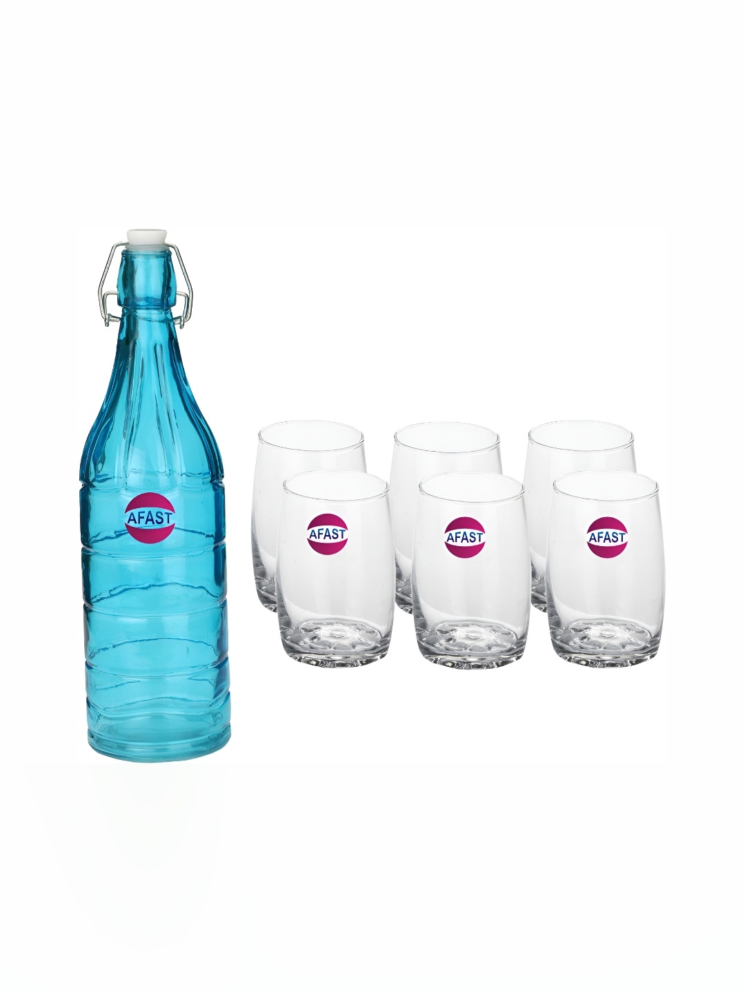 

1ST TIME Blue & Transparent 7 Pieces Textured Glass Dishwasher Safe Water Bottle & Glasses