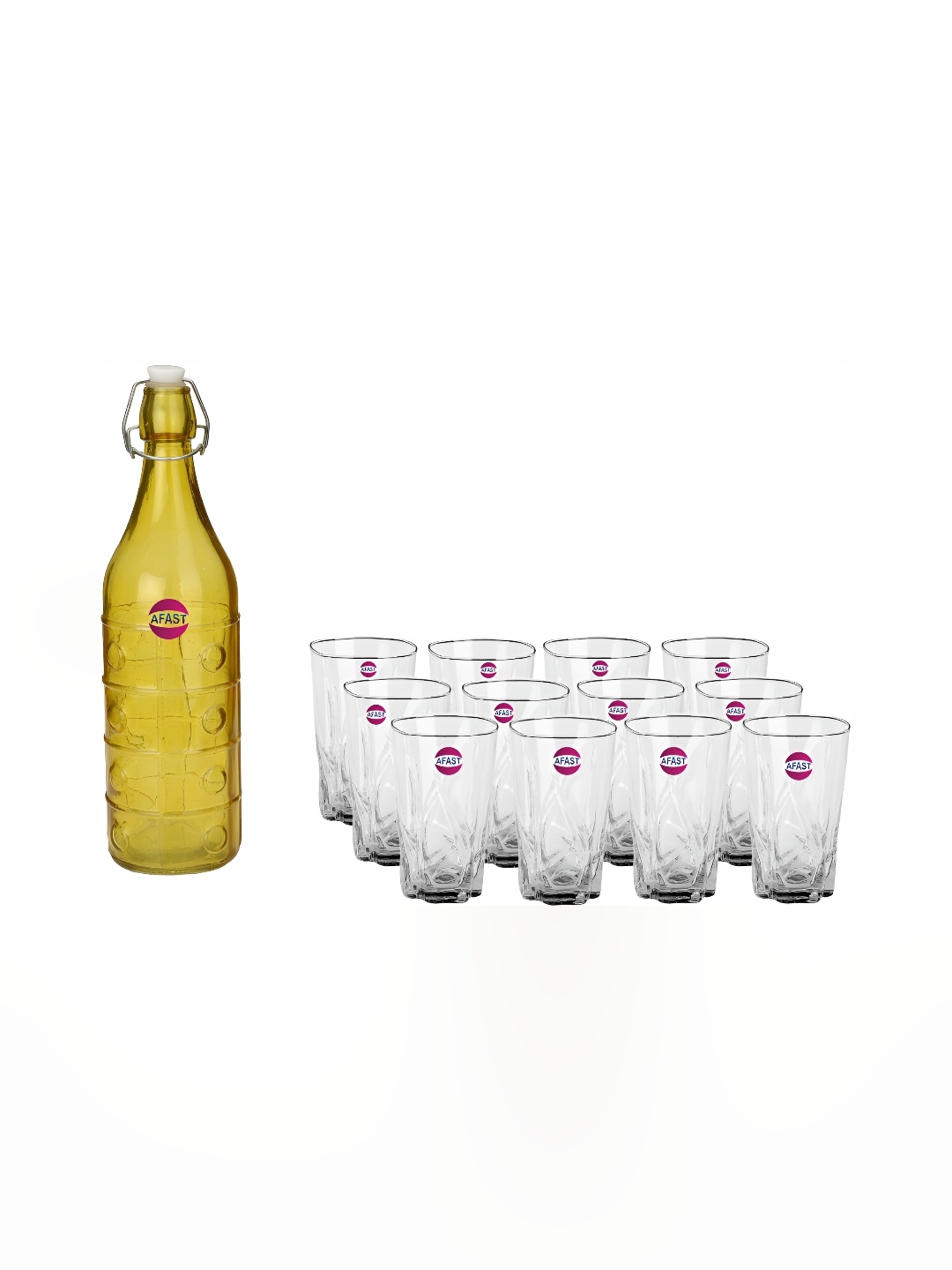 

1ST TIME Yellow & Transparent 13 Pcs Textured Glass Dishwasher Safe Water Bottle & Glasses